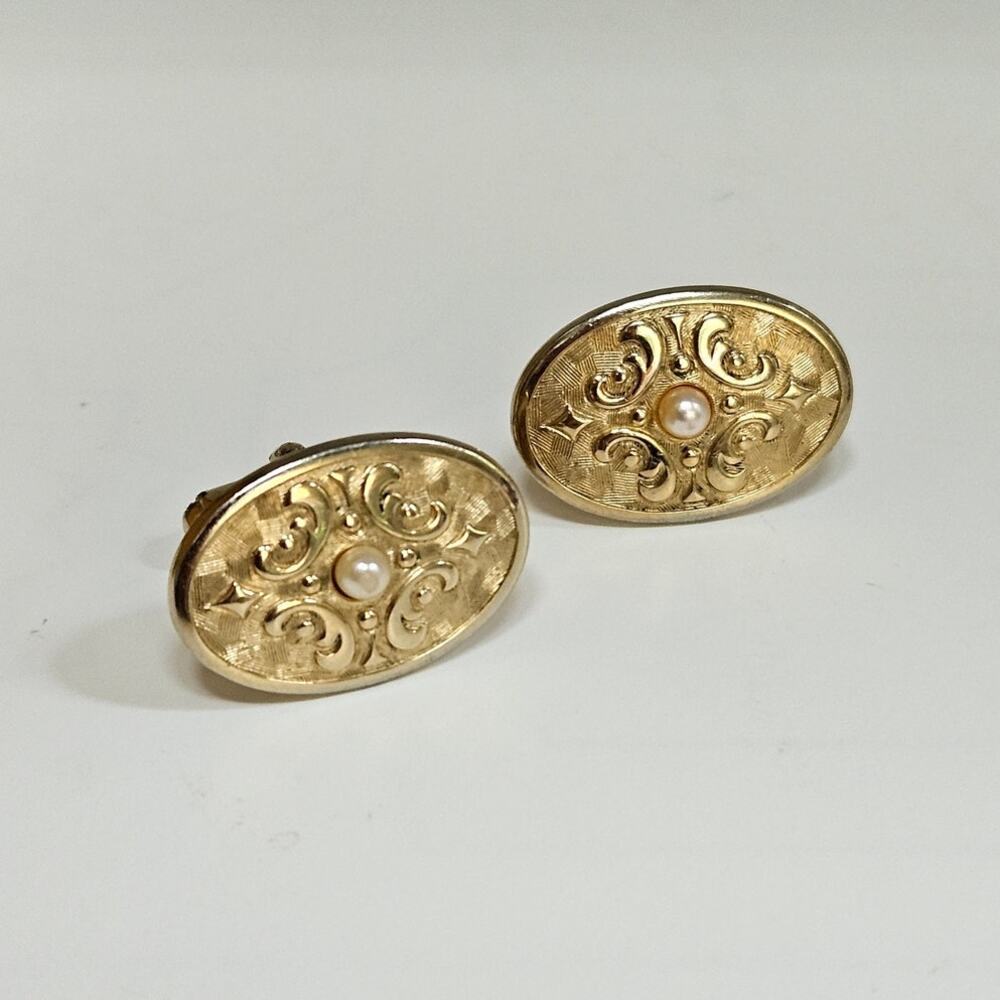 Vintage Gold Tone Faux Pearl Cufflinks | Victorian Art Nouveau Scroll Cuff Links